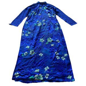 Vintage Cheongsam Long Blue Floral Stone Dress Women’s Sz S Blue Flower Pattern